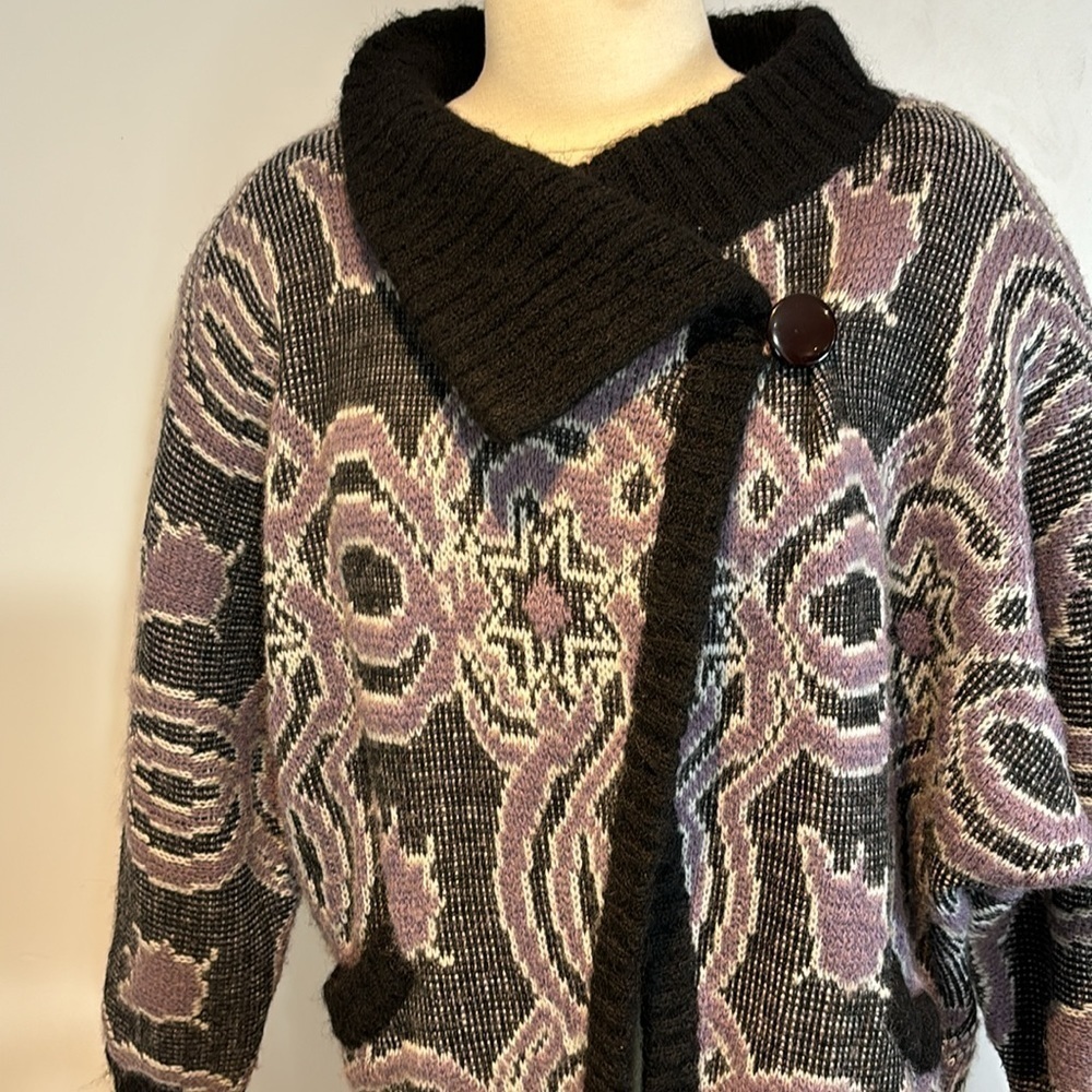 Vintage 80’s Biba Paris wool blend purple print cardigan size EU38 (US8/medium) - Picture 3 of 13